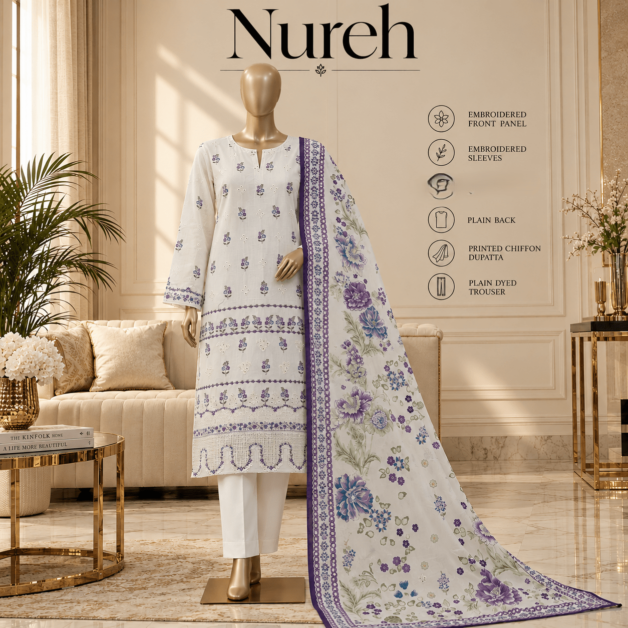 Nureh Riaz Arts Luxury Embroidered 3pc - Design 17 - Unstitched 3Pc - wirsa fabric