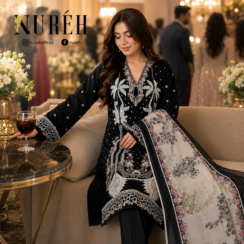 A woman models a black embroidered ethnic kurta set with intricate silver, white, and pink floral embroidery, paired with a beige printed dupatta, in a decorated indoor event setting. The brand name 'NURÉH' is visible in the top left corner.