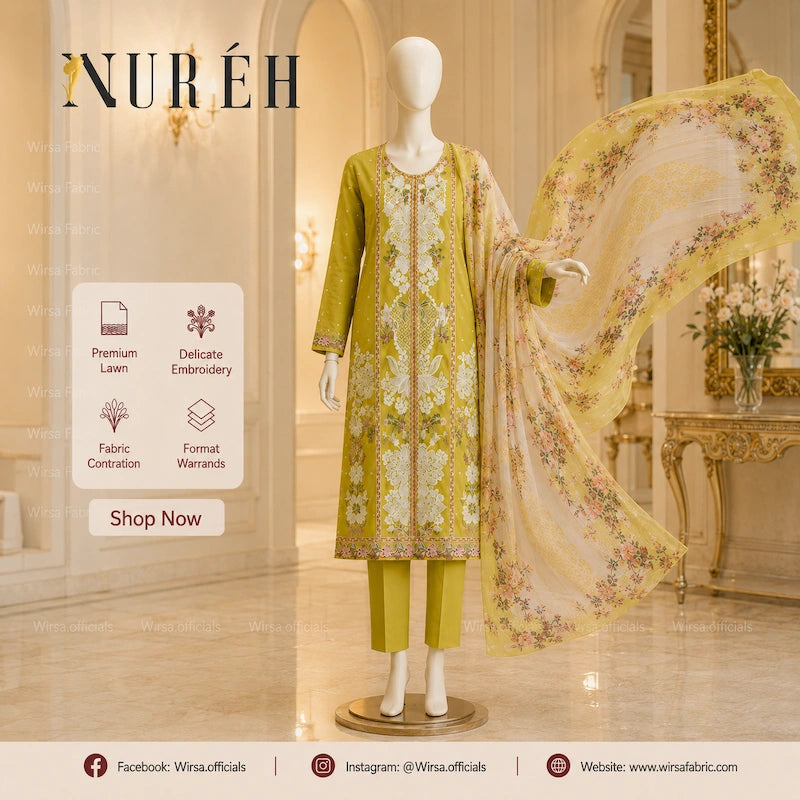 A three-piece women's suit set displayed on a mannequin in an ornate indoor setting. The set includes a light olive green kurta with intricate white floral embroidery, matching olive green trousers, and a sheer yellow dupatta with a floral print.
Nureh Riaz Arts Luxury Embroidered 3pc Design 38 - Wirsa Fabric