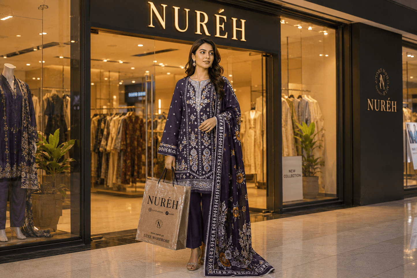 Nureh Riaz Arts Luxury Embroidered 3pc - Design 30 - Unstitched 3Pc - wirsa fabric