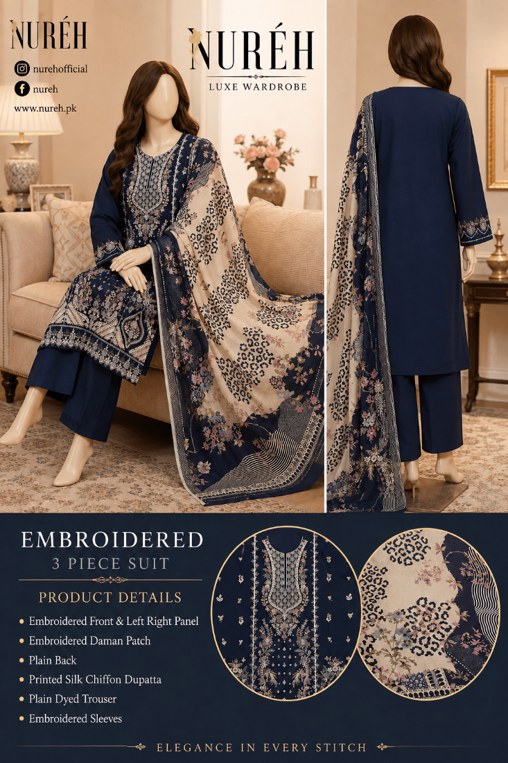 Nureh Riaz Arts Luxury Embroidered 3pc - Design 29 - Unstitched 3Pc - wirsa fabric