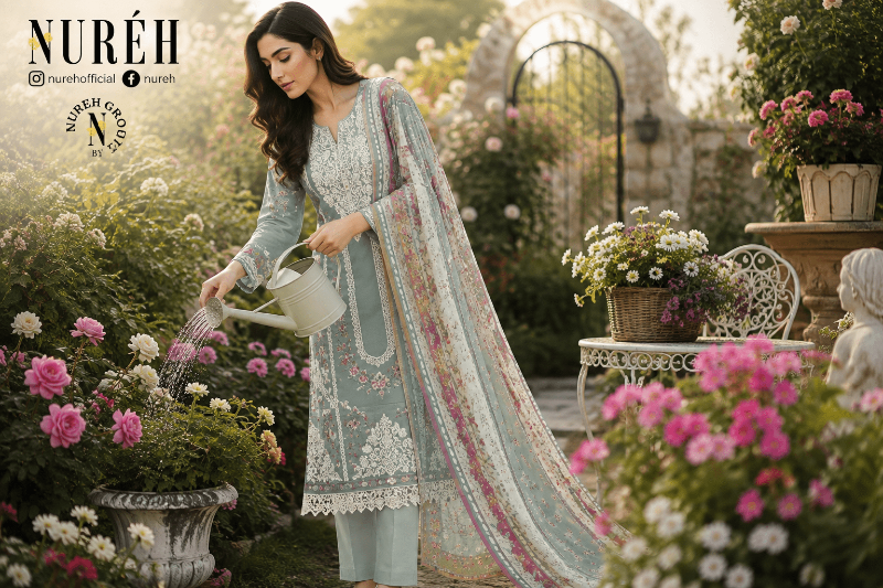 Nureh Riaz Arts Luxury Embroidered 3pc - Design 28 - Unstitched 3Pc - wirsa fabric