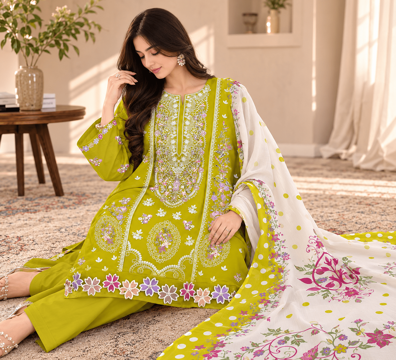 Nureh Riaz Arts Luxury Embroidered 3pc - Design 15 - Unstitched 3Pc - wirsa fabric