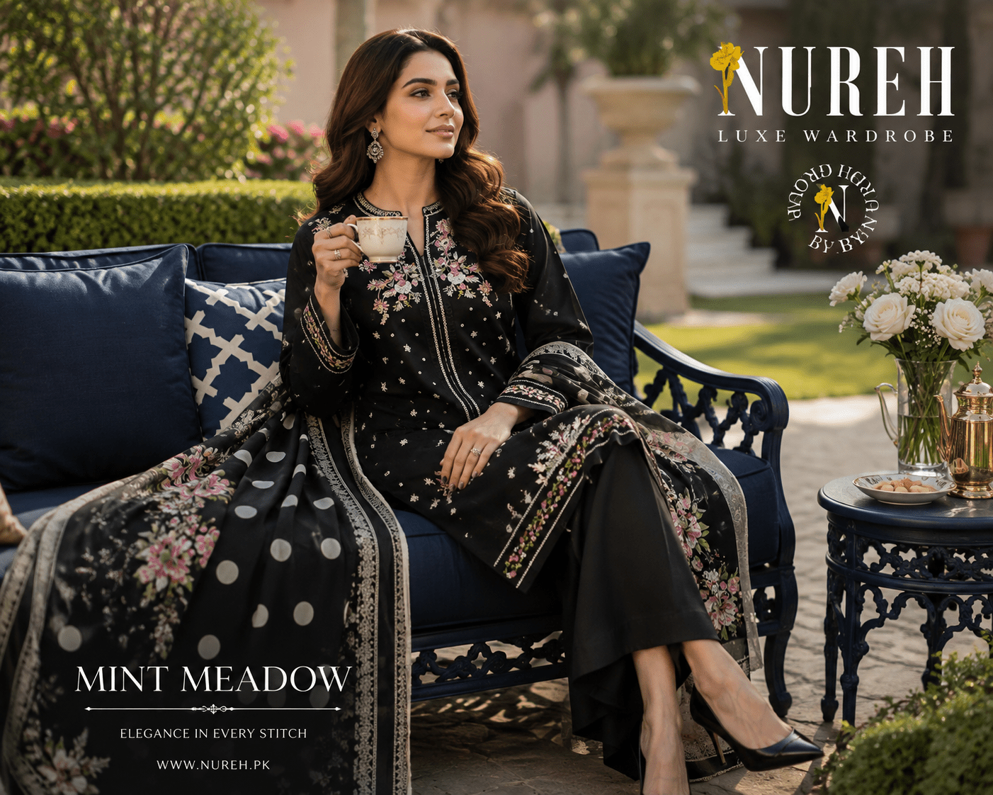 Nureh Riaz Arts Luxury Embroidered 3pc - Design 20 - Unstitched 3Pc - wirsa fabric