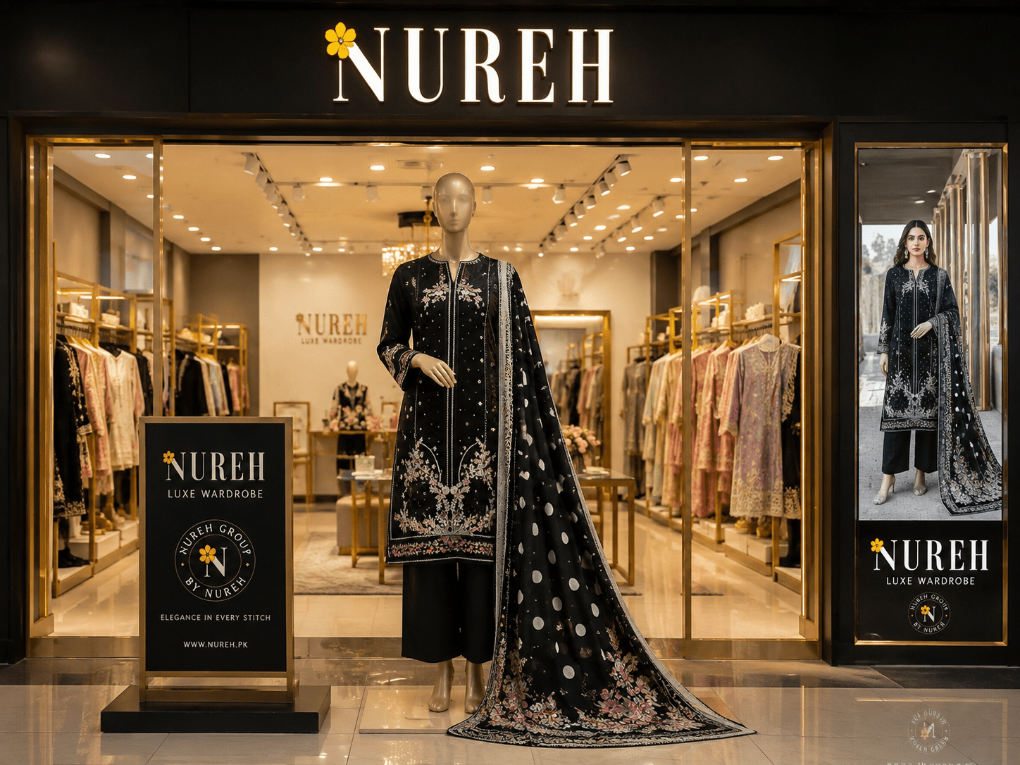 Nureh Riaz Arts Luxury Embroidered 3pc - Design 20 - Unstitched 3Pc - wirsa fabric