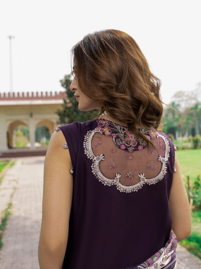 Royal Plum 3PC suit back view – Wirsa embroidered lawn 2026