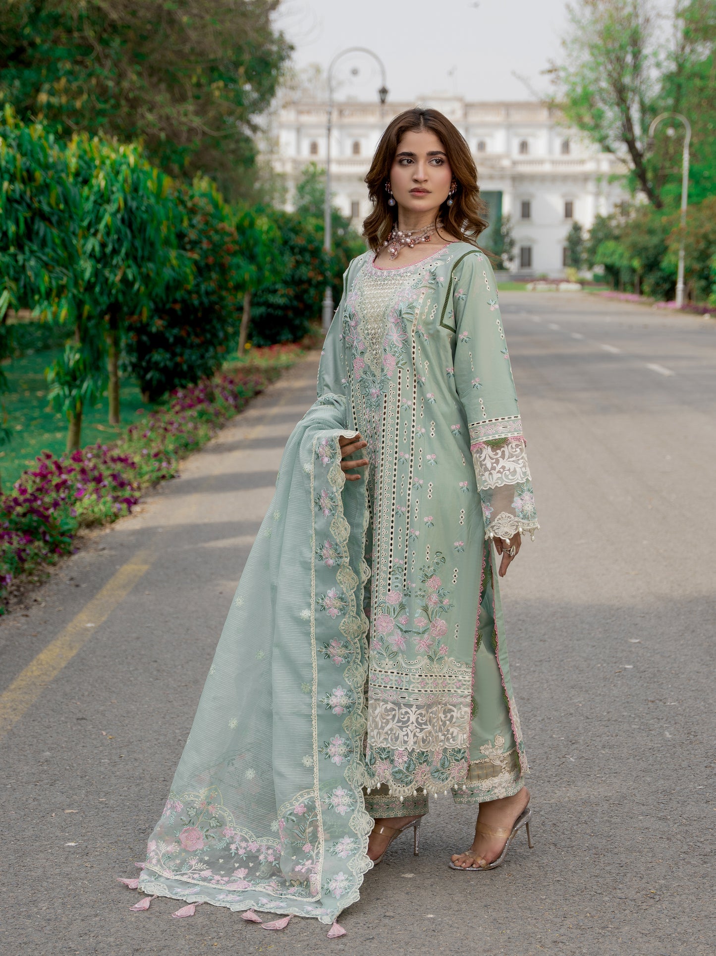 Blush Pistachio 3pc embroidered luxury lawn suit Wirsa Summer Collection 2026