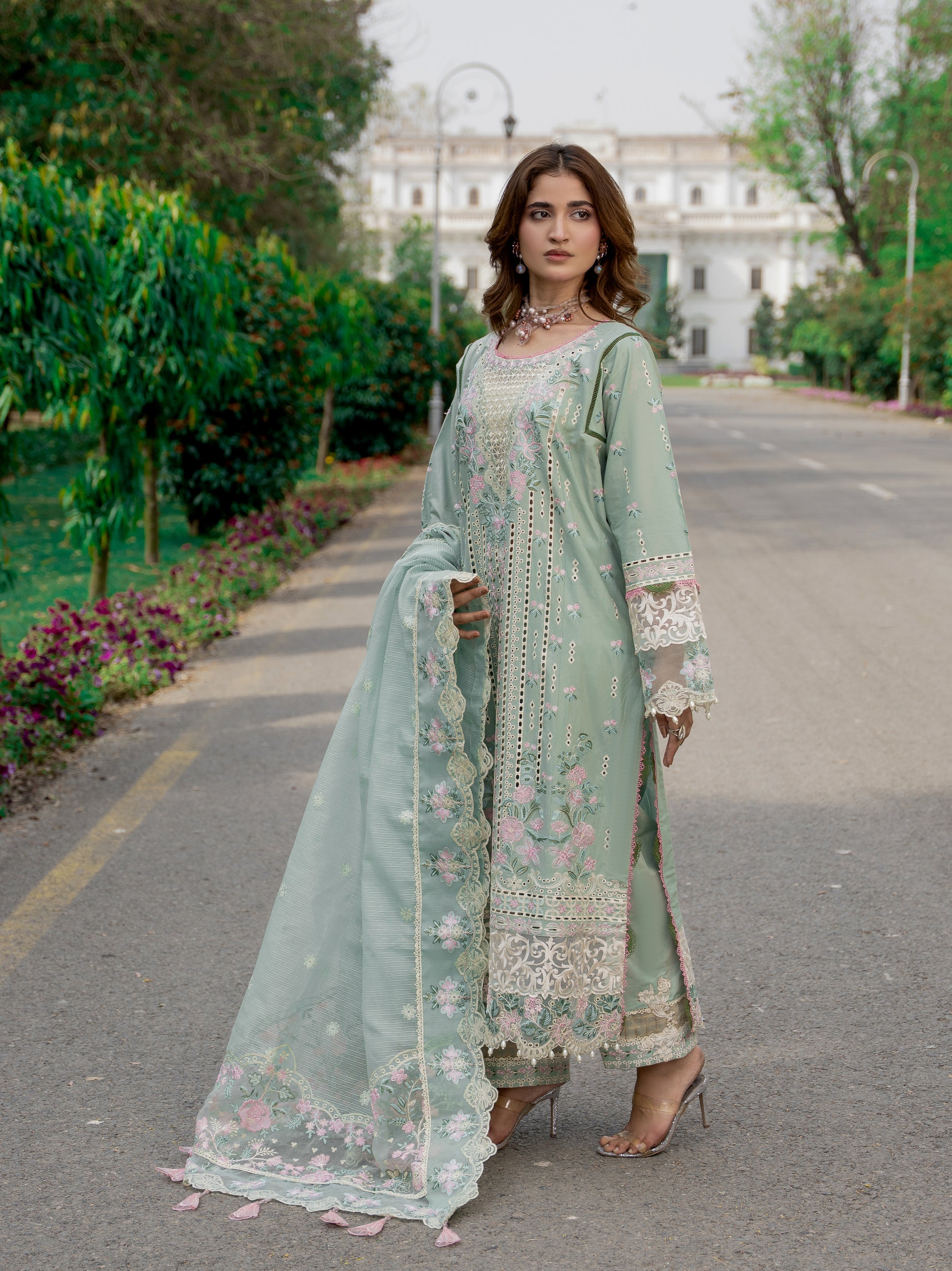 Blush Pistachio 3pc embroidered luxury lawn suit Wirsa Summer Collection 2026