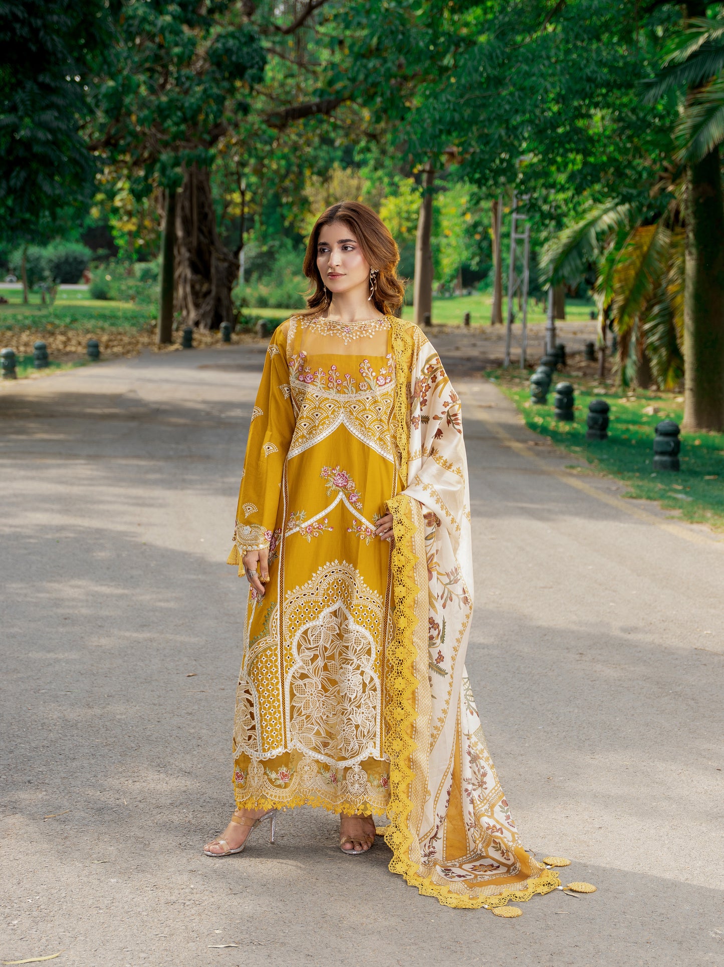 Molten Gold embroidered luxury lawn suit front view – Wirsa Summer Collection 2026