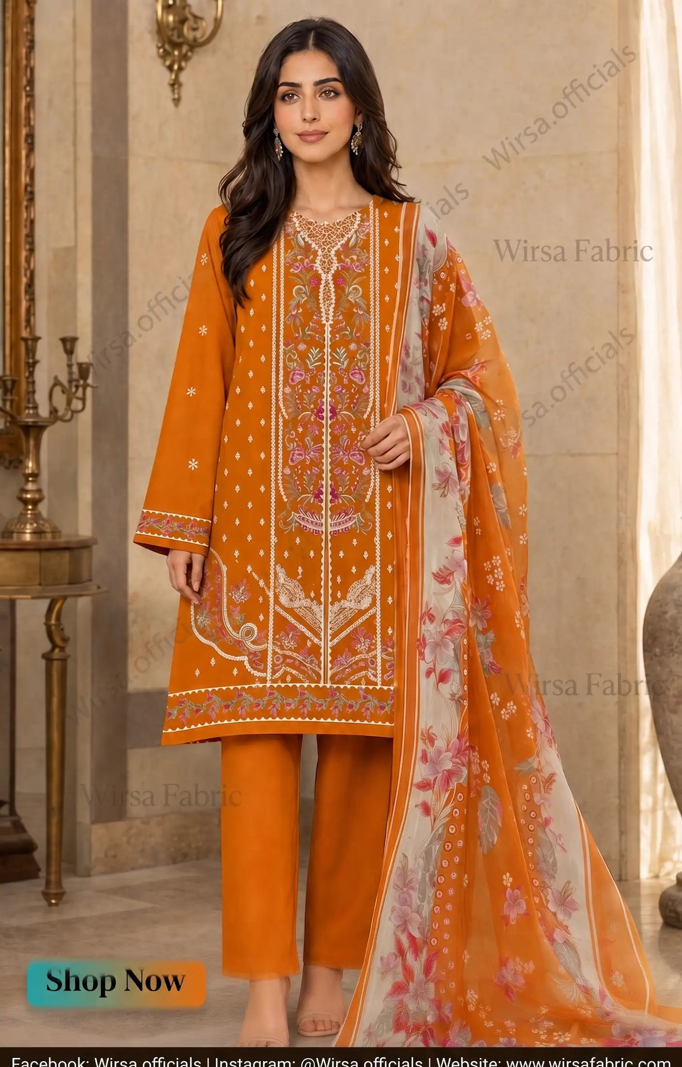 "Nureh luxury embroidered lawn 3-piece suit in mustard orange with printed chiffon dupatta - Wirsa Fabric"
