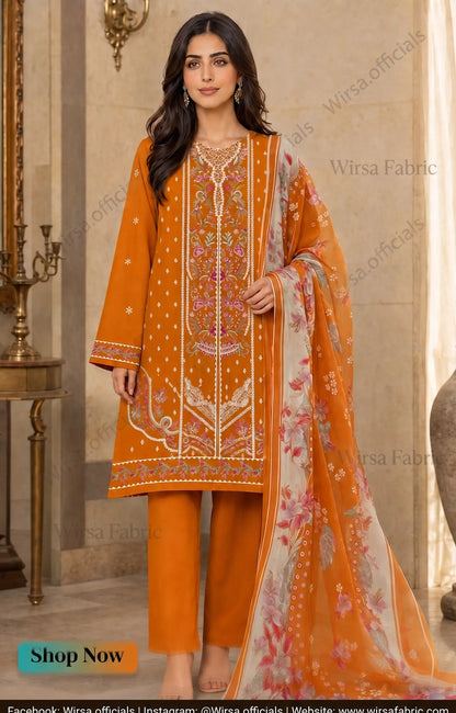 "Nureh luxury embroidered lawn 3-piece suit in mustard orange with printed chiffon dupatta - Wirsa Fabric"