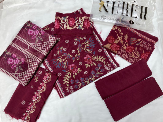Nureh Winter Viscose Embroidered Suit – Maroon (Unstitched)