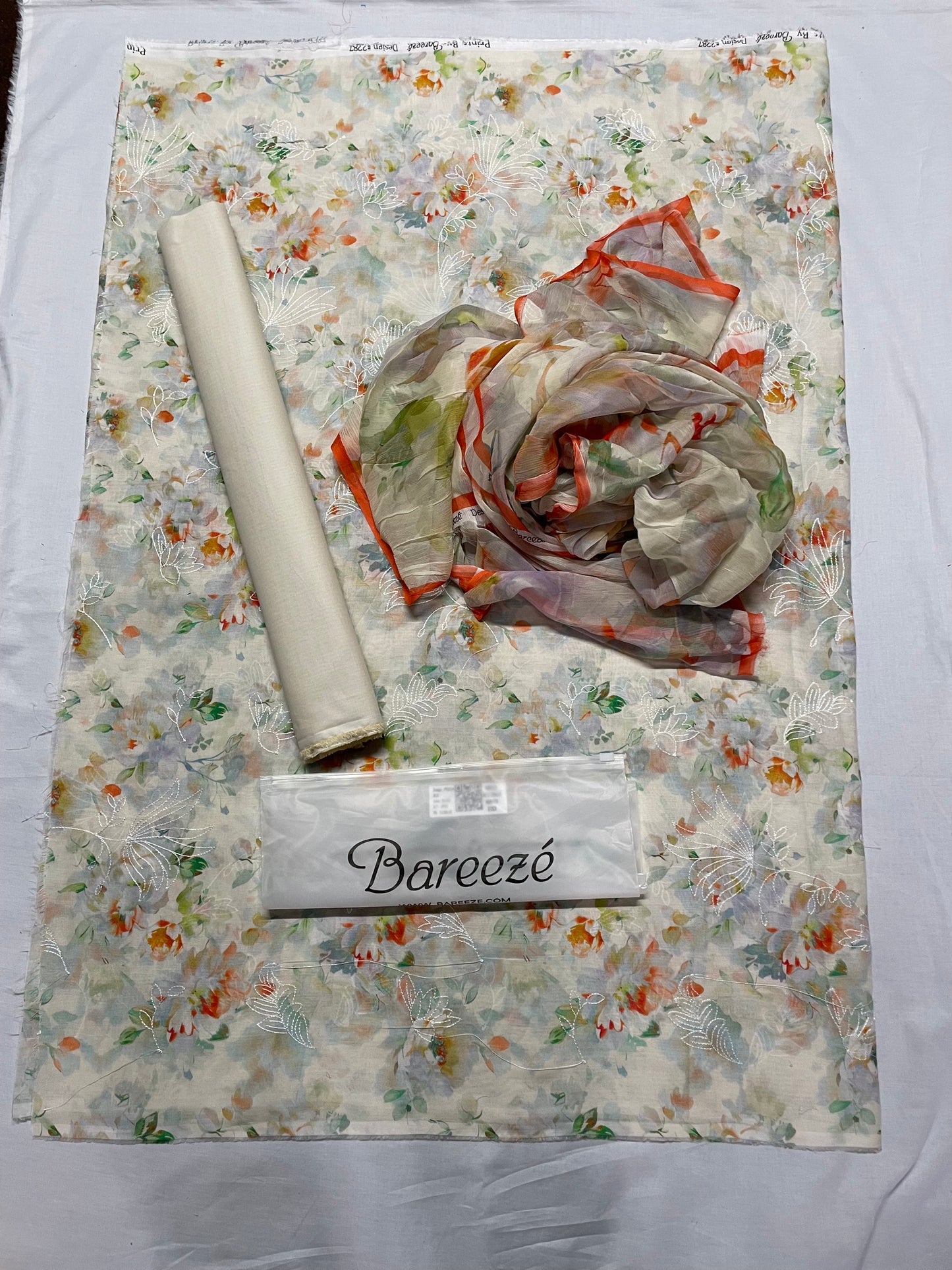 Bareeze Embroidered 3pc Suit with Printed Chiffon Dupatta - Design 22 - Unstitched 3Pc - wirsa fabric