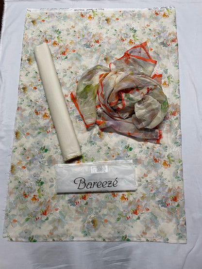 Bareeze Embroidered 3pc Suit with Printed Chiffon Dupatta - Design 22 - Unstitched 3Pc - wirsa fabric