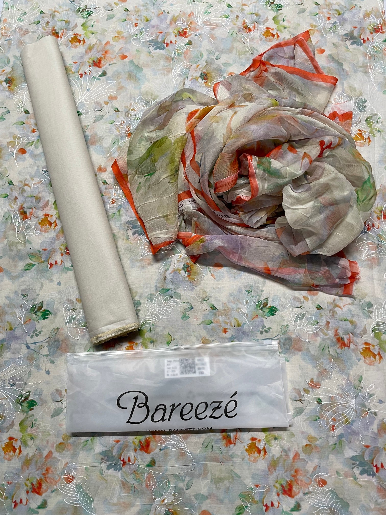 Bareeze Embroidered 3pc Suit with Printed Chiffon Dupatta - Design 22 - Unstitched 3Pc - wirsa fabric