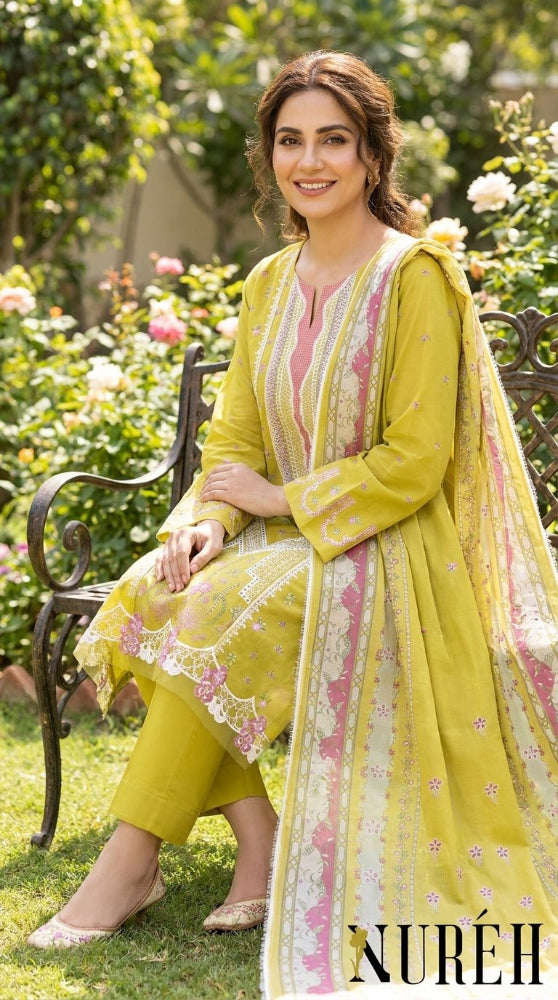 Nureh Riaz Arts Luxury Embroidered 3pc - Design 21 - Unstitched 3Pc - wirsa fabric