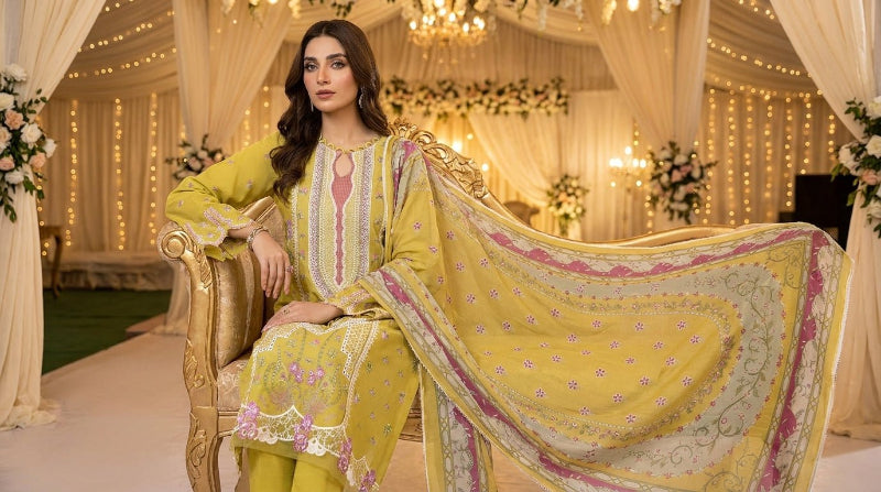 Nureh Riaz Arts Luxury Embroidered 3pc - Design 21 - Unstitched 3Pc - wirsa fabric