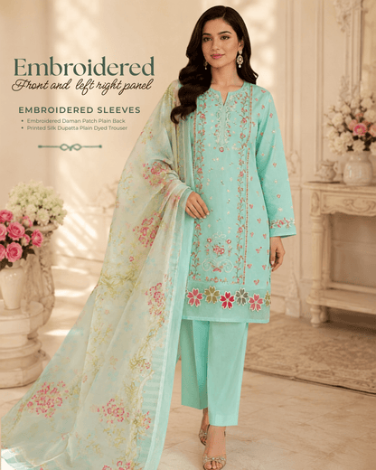 Nureh Riaz Arts Luxury Embroidered 3pc - Design 13 - Unstitched 3Pc - wirsa fabric