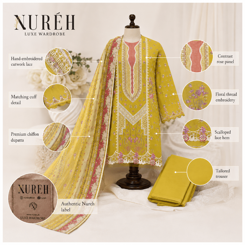 Nureh Riaz Arts Luxury Embroidered 3pc - Design 21 - Unstitched 3Pc - wirsa fabric