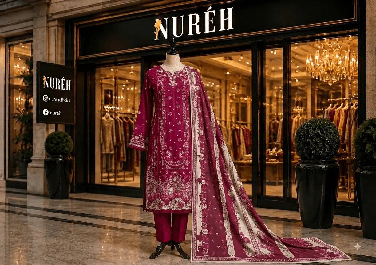 Mehroon Color Pakistani fashion suit, luxury embroidered self jacquard suit, Pakistani dress designs.