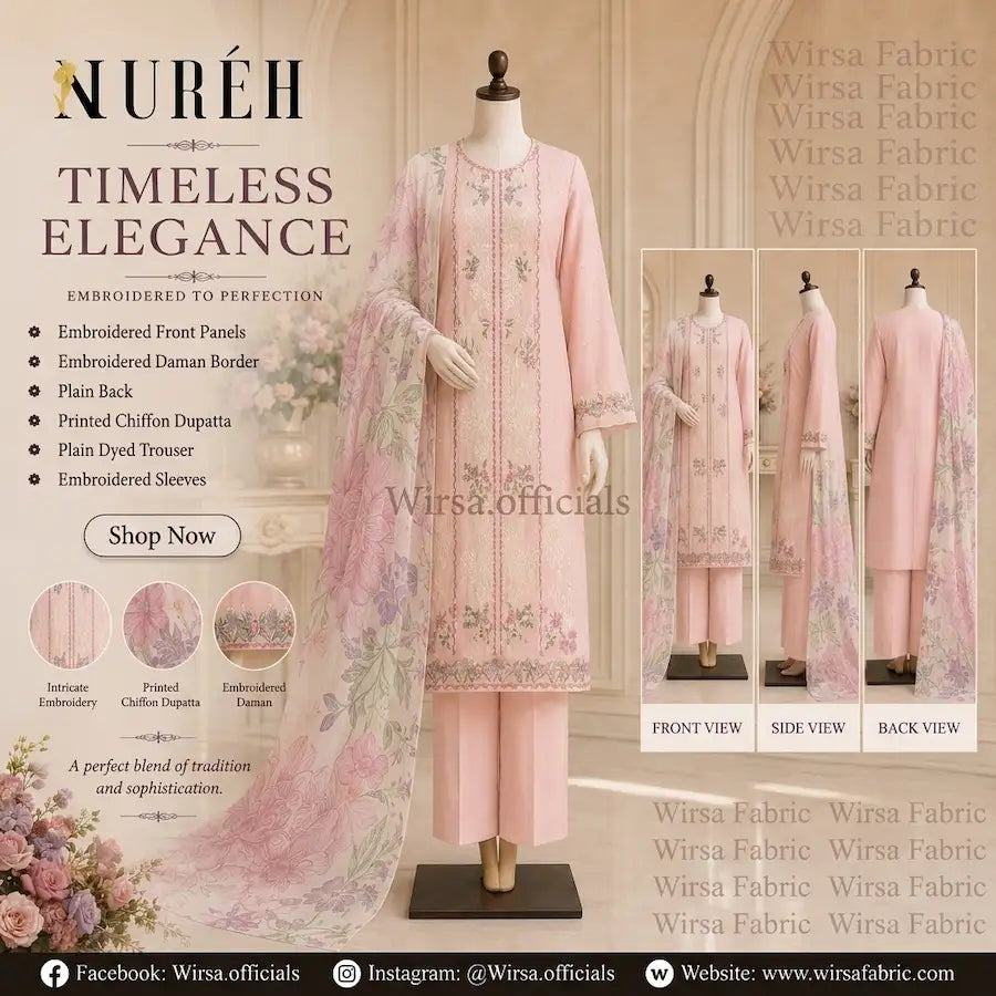 Full body shot of model wearing Nureh Light Pink embroidered lawn suit.