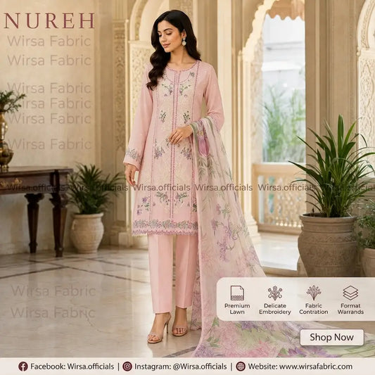 Nureh embroidered lawn suit display with floral chiffon dupatta and trousers.