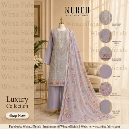 Nureh Luxe Wardrobe unstitched lavender suit kit and fabrics.