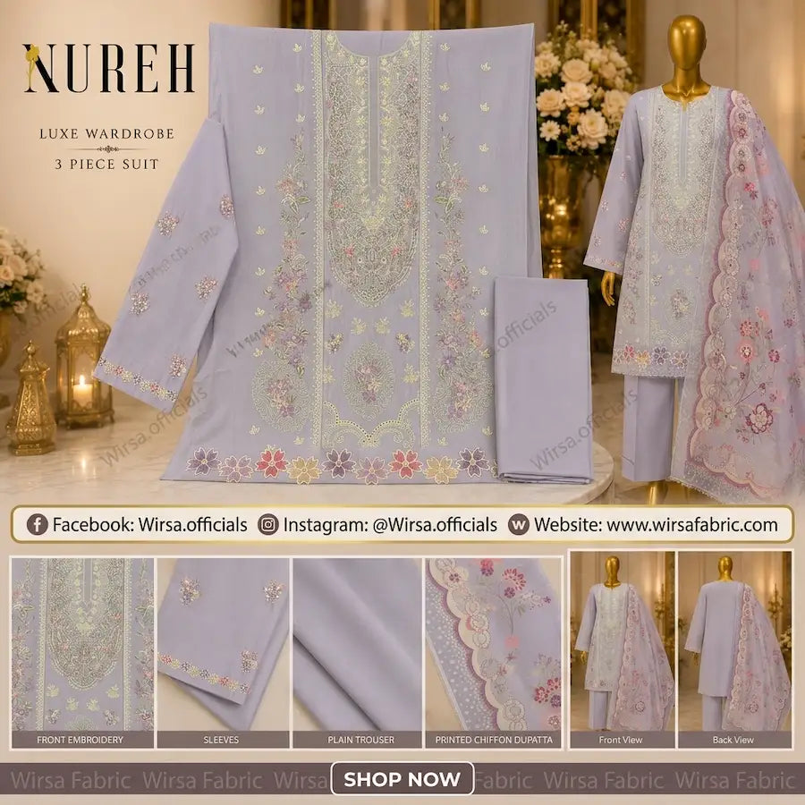 Nureh Luxe Wardrobe lavender suit advertising banner.