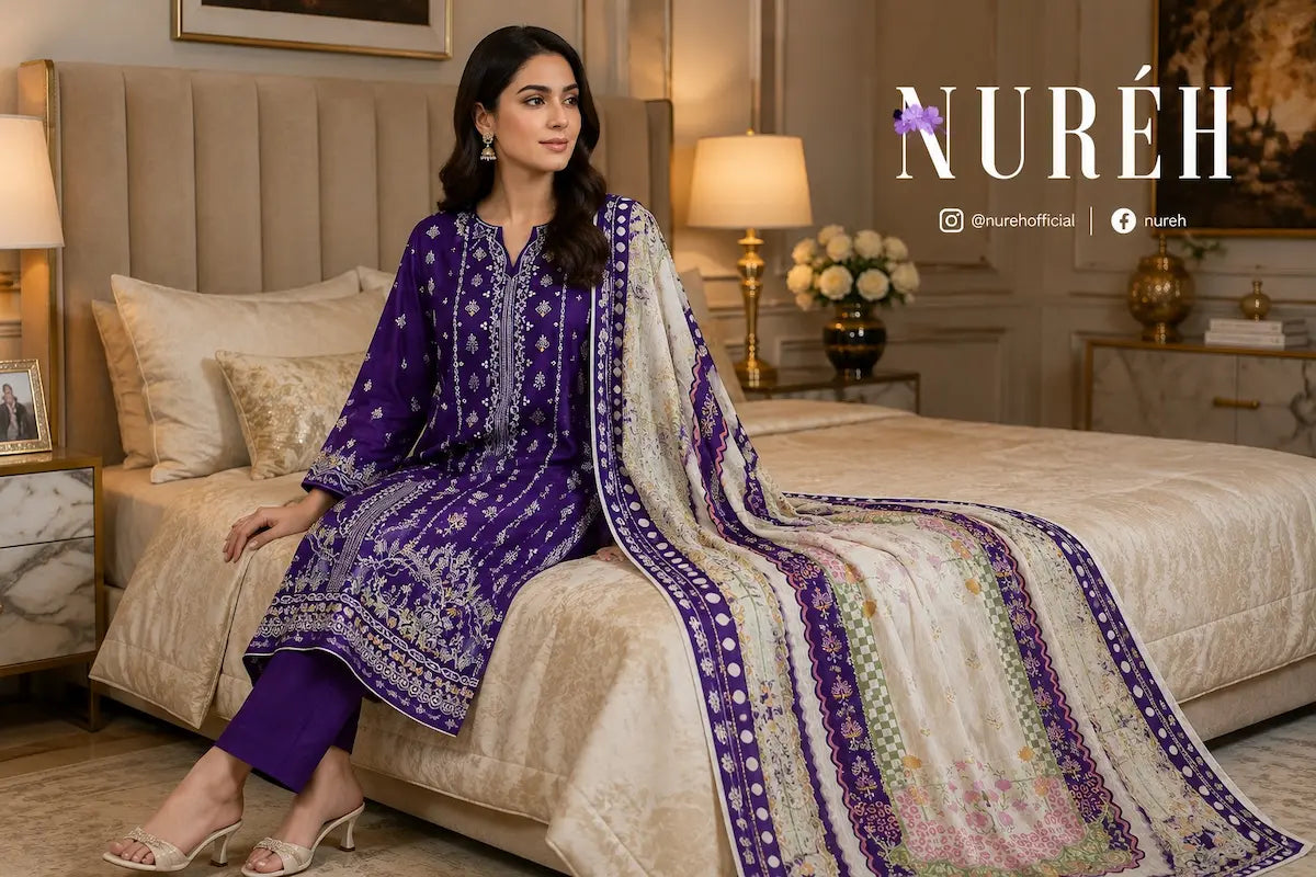 A woman models a purple and beige embroidered traditional outfit with a matching patterned dupatta in a luxurious bedroom setting. The brand name 'NURÉH' is displayed in the top right corner.