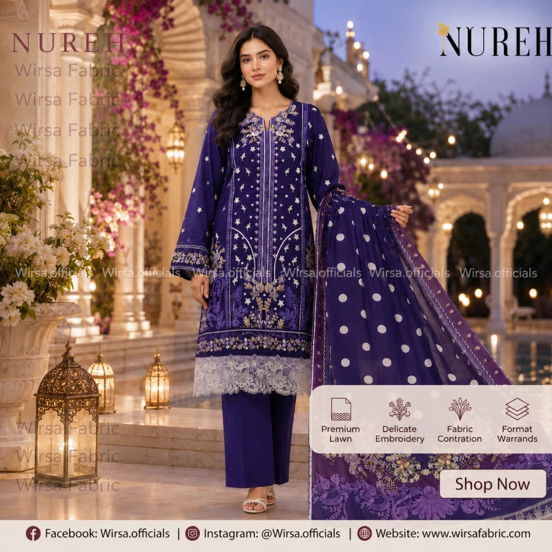 A woman models a deep purple three-piece ethnic suit set with white embroidery and polka dots, set against a beautifully lit, traditional architectural background. The set includes a heavily embroidered kurta, matching trousers, and a matching dupatta.
