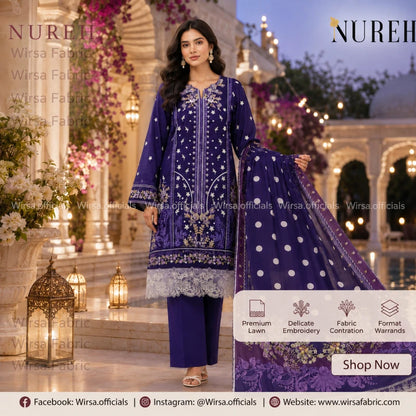 A woman models a deep purple three-piece ethnic suit set with white embroidery and polka dots, set against a beautifully lit, traditional architectural background. The set includes a heavily embroidered kurta, matching trousers, and a matching dupatta.
