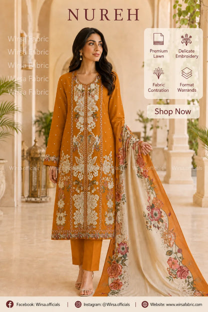 A woman models a traditional South Asian salwar kameez suit set by Nureh. The set features a mustard yellow-orange kurta and trousers heavily embroidered with beige and white floral patterns, paired with a beige dupatta decorated with pink and green floral prints.