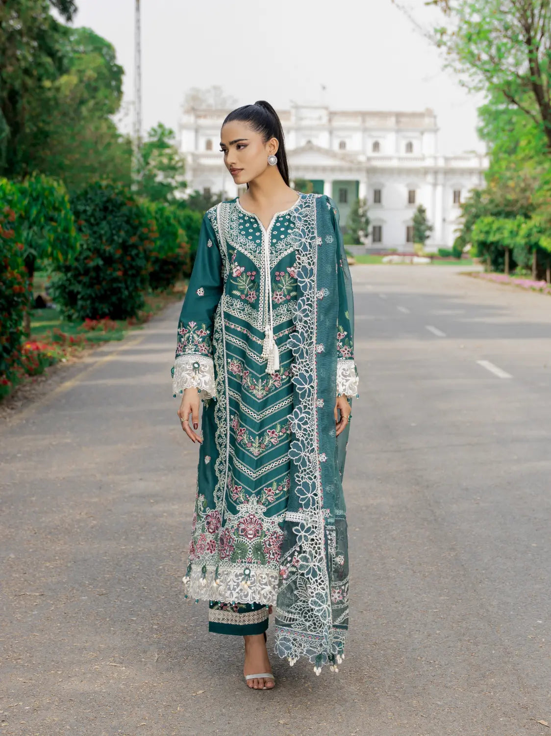 Emerald Regal Unstitched Embroidered Suit - Full Look - Wirsa Fabric Eid 2026