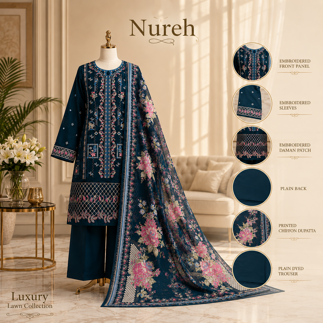Nureh Riaz Arts Luxury Embroidered 3pc - Design 16