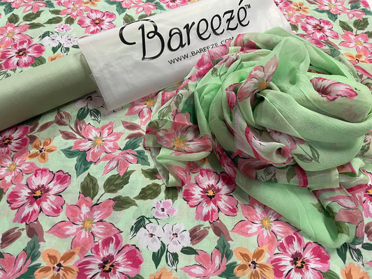 Bareeze Printed 3pc Suite with Chiffon Dupatta - Design 7