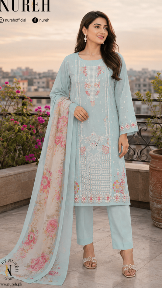 Nureh Riaz Arts Luxury Embroidered 3pc - Design 26 - Unstitched 3Pc - wirsa fabric