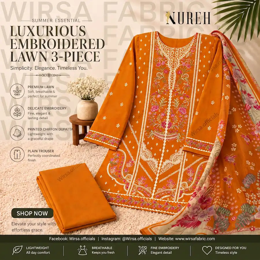 "Nureh luxury embroidered lawn 3-piece suit in mustard orange with printed chiffon dupatta - Wirsa Fabric"