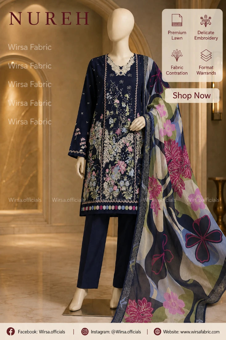 A mannequin displays a three-piece Nureh women's ethnic suit set, featuring a navy blue kurta with pink and gold floral embroidery, matching navy trousers, and a sheer multicolor printed dupatta. The image includes promotional text overlays for 'Wirs Fabric' and a 'Shop Now' button.