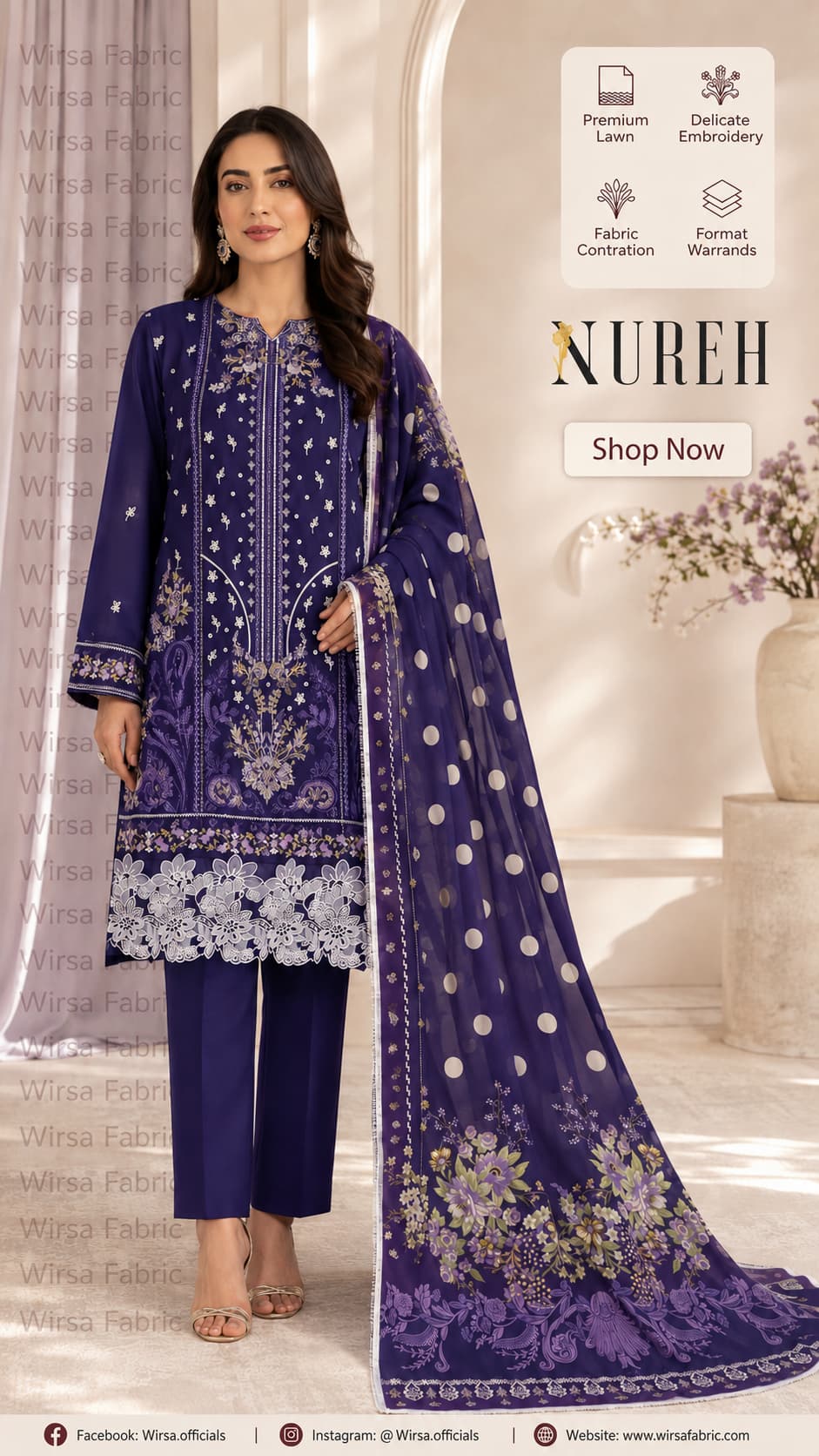 A woman models a deep purple ethnic three-piece suit set with intricate silver and white embroidery, matching trousers, and a coordinating dupatta. The image includes promotional text overlays and fabric feature icons on a warm beige background.