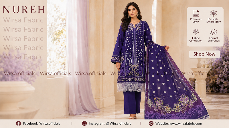 A woman models a traditional South Asian salwar kameez suit set in a warm indoor setting. The outfit is deep purple with intricate silver and gold embroidery, featuring a matching embroidered dupatta.
