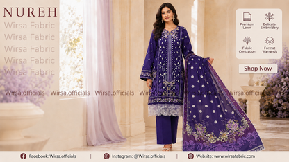 A woman models a traditional South Asian salwar kameez suit set in a warm indoor setting. The outfit is deep purple with intricate silver and gold embroidery, featuring a matching embroidered dupatta.