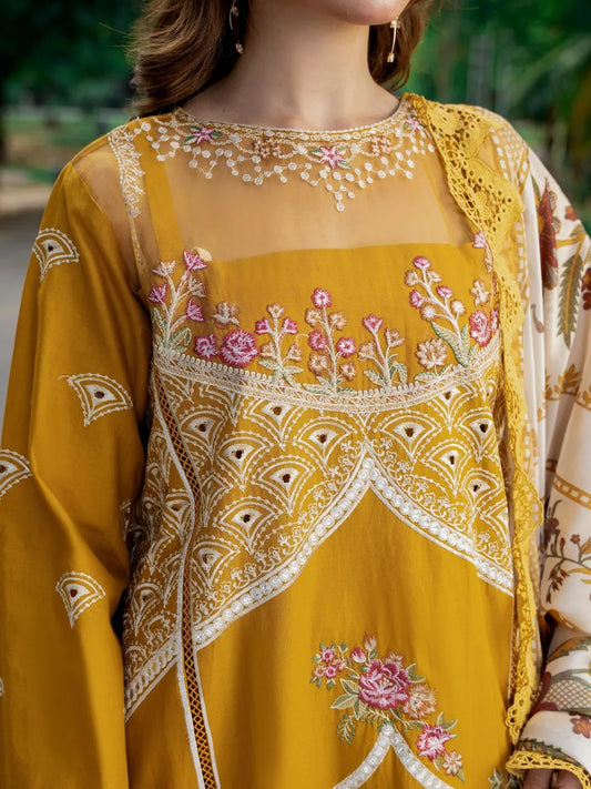 Molten Gold — 3PC Embroidered Luxury Lawn Suit with Printed Silk Dupatta | Wirsa Summer Collection - Unstitched 3Pc - wirsa fabric