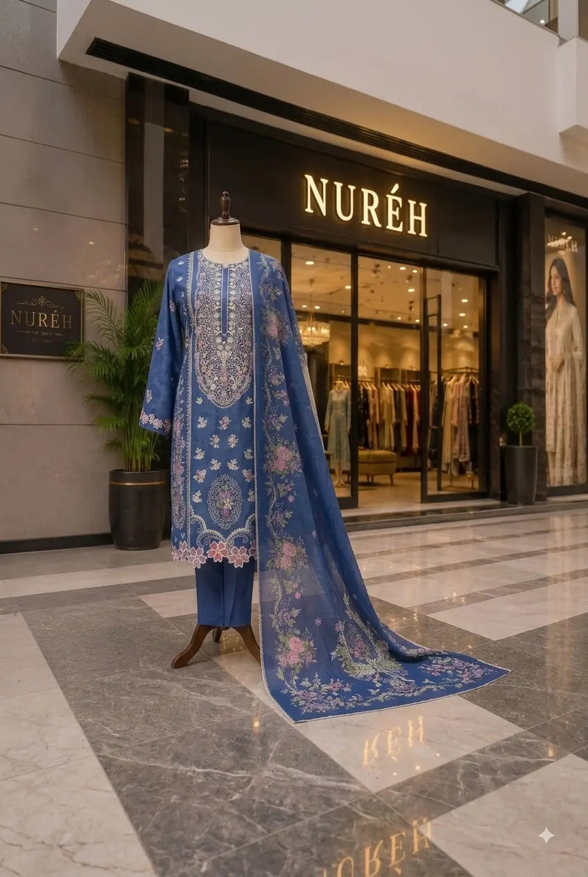 A blue embroidered traditional outfit displayed on a mannequin outside the NURÉH boutique, with a matching sheer dupatta draped over the stand. The setting is a modern shopping mall interior with marble flooring and the brand name clearly visible on the storefront.