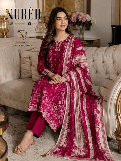 Pakistani fashion suit, luxury embroidered self jacquard suit, Pakistani dress designs.