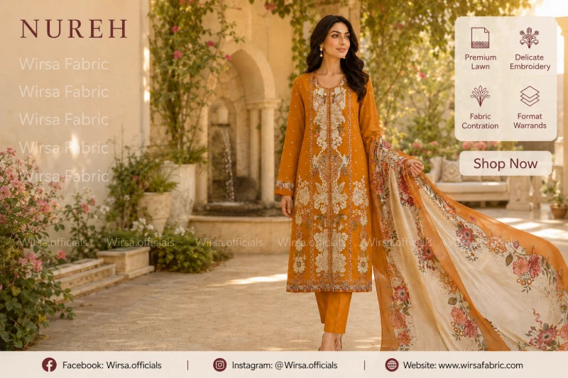 Nureh Riaz Arts Luxury Lawn Design 36 - Full Suit View with Plain Dyed Trouser and Printed Dupatta | Wirsa Fabric

