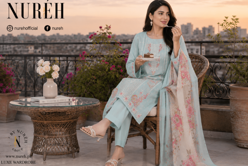 Nureh Riaz Arts Luxury Embroidered 3pc - Design 26 - Unstitched 3Pc - wirsa fabric