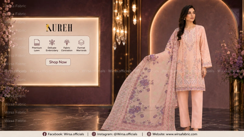A woman models a light pink embroidered traditional outfit with matching pants and a sheer floral dupatta in a decorated indoor showroom. A large panel on the left shows the brand name Kureh and feature icons, with social media and website details along the bottom.