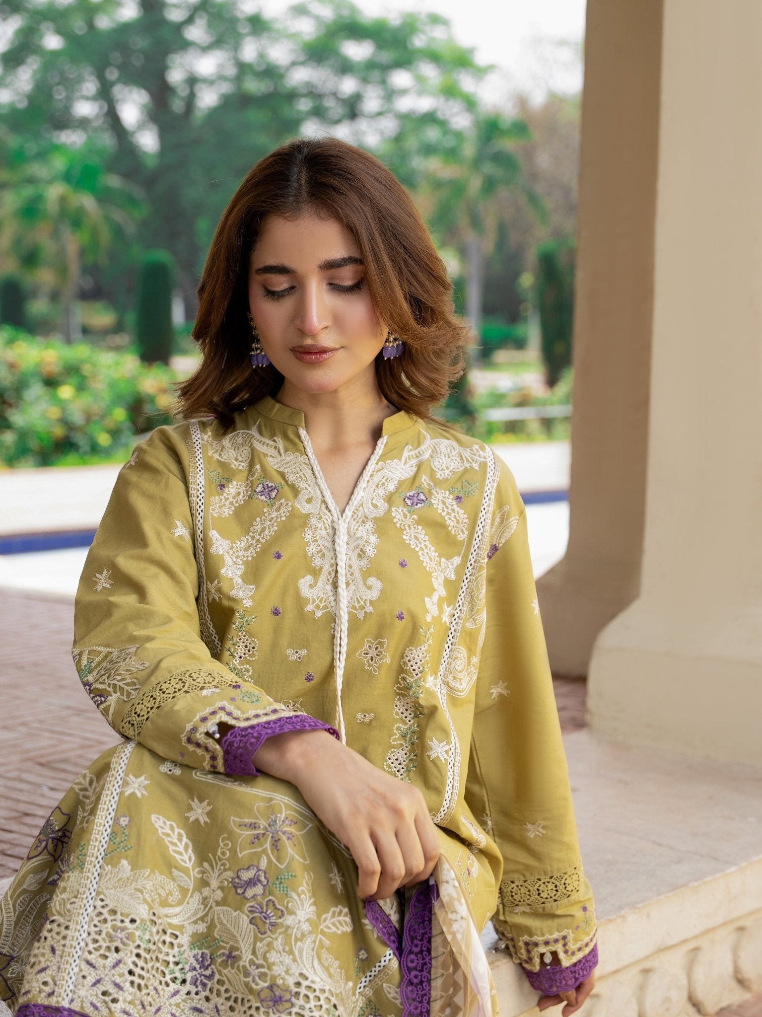 Olive Dust — 3PC Embroidered Luxury Lawn Suit with Printed Silk Dupatta | Wirsa Summer Collection - Unstitched 3Pc - wirsa fabric