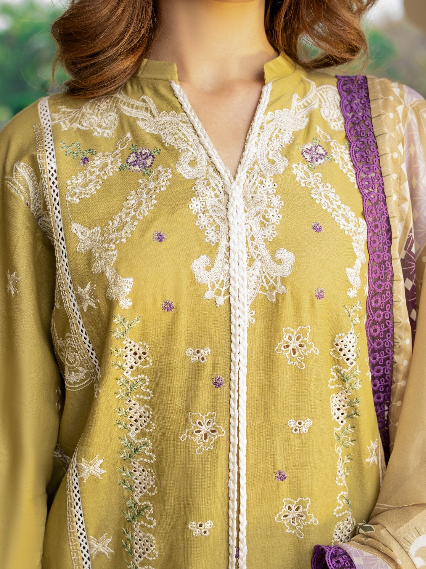 Olive Dust — 3PC Embroidered Luxury Lawn Suit with Printed Silk Dupatta | Wirsa Summer Collection - Unstitched 3Pc - wirsa fabric