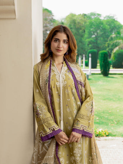 Olive Dust — 3PC Embroidered Luxury Lawn Suit with Printed Silk Dupatta | Wirsa Summer Collection - Unstitched 3Pc - wirsa fabric